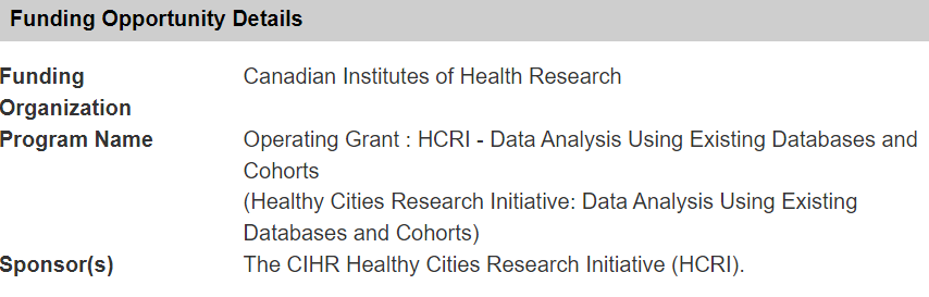 CIHR Funding Opportunity — Data Analysis using Existing Databases and Cohorts